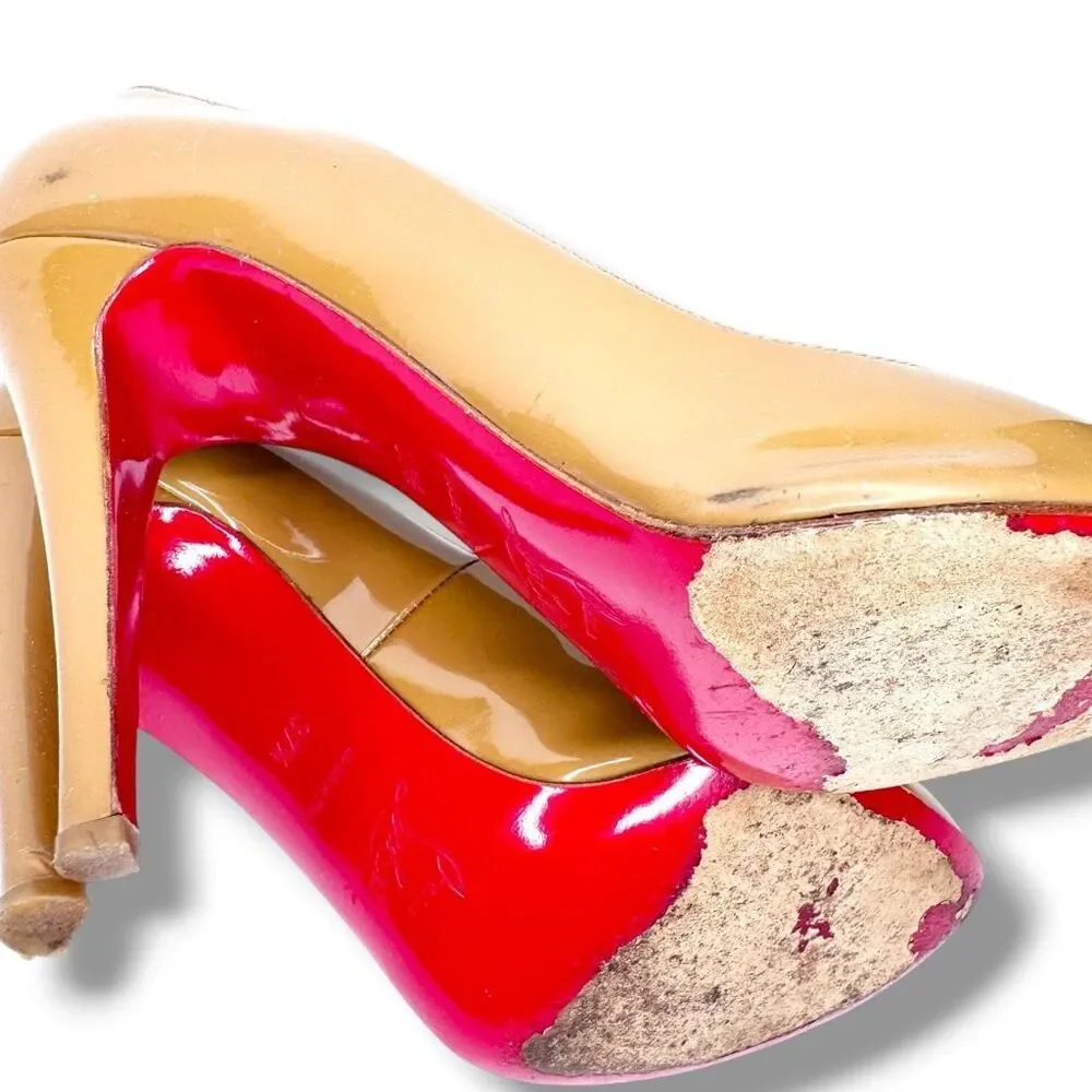 Christian Louboutin Beige Nude Patent Leather Heel Classic Round Toe Pumps 37.5